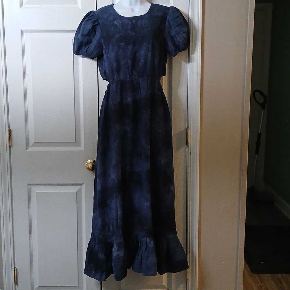 Blue B Collection navy tie dye maxi dress western boho cut out side Sz L NWT
